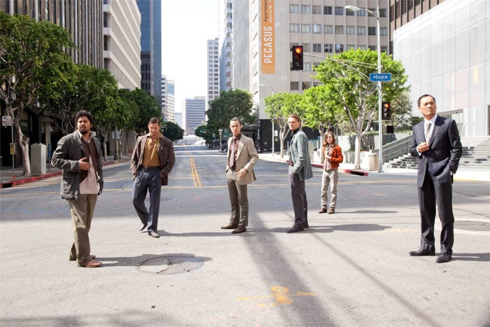 (L-r) Dileep Rao as Yusuf, Tom Hardy as Eames, Joseph Gordon-Levitt as Arthur, Leonardo DiCaprio as Cobb, Ellen Page as Ariadne, and Ken Watanabe as Saito in Warner Bros. Pictures' and Legendary Pictures' sci-fi action film <i>Inception</i> a Warner Bros. Pictures release. (Photo: Stephen Vaughan)