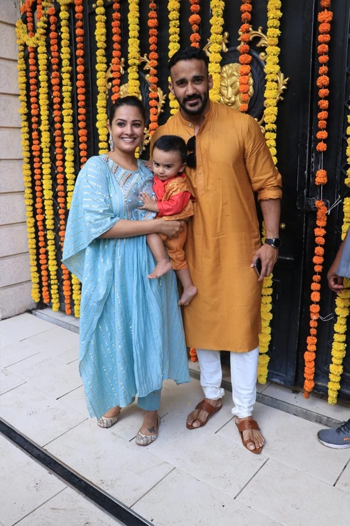 Ekta Kapoor's Ganesh Chaturthi celebrations were visited by a number of celebrities. Actress Anita Hassanandani and husband Rohit Reddy brought along their little one - baby son Aaravv.