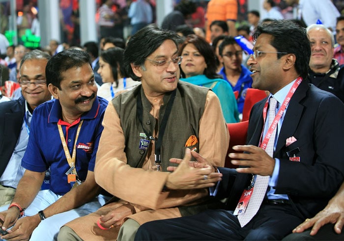 Shrinivas Bhumidala (Delhi DaredevilsTeam Owner), Shashi Tharoor and Lalit Modi attend the 2010 DLF Indian Premier League T20 group stage match between Delhi Daredevils and Kolkata Knight Riders played at Feroz Shah Kotla Stadium on March 29, 2010 in Delhi, India. (Photo: IPL2010/Getty Images)