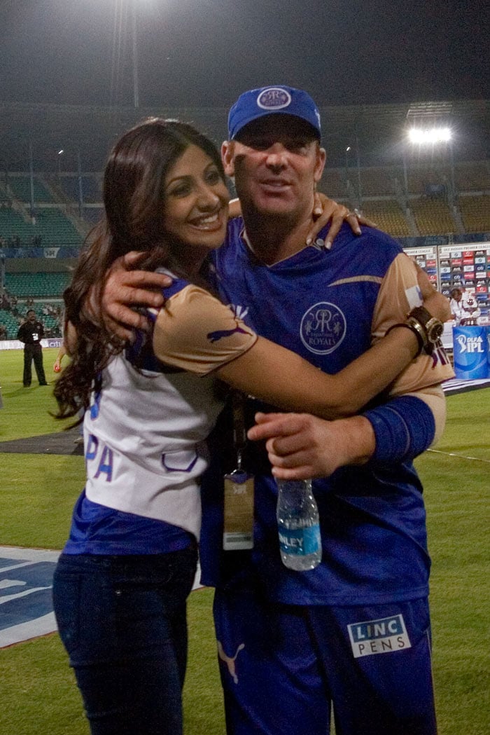 Shilpa Shetty, owner of Rajasthan Royals, hugs her captain, Shane Warne during the 2010 DLF Indian Premier League T20 group stage match between Deccan Chargers and Rajasthan Royals played at the VCA Stadium on April 5, 2010 in Nagpur, India. (Photo: IPL2010/Getty Images)