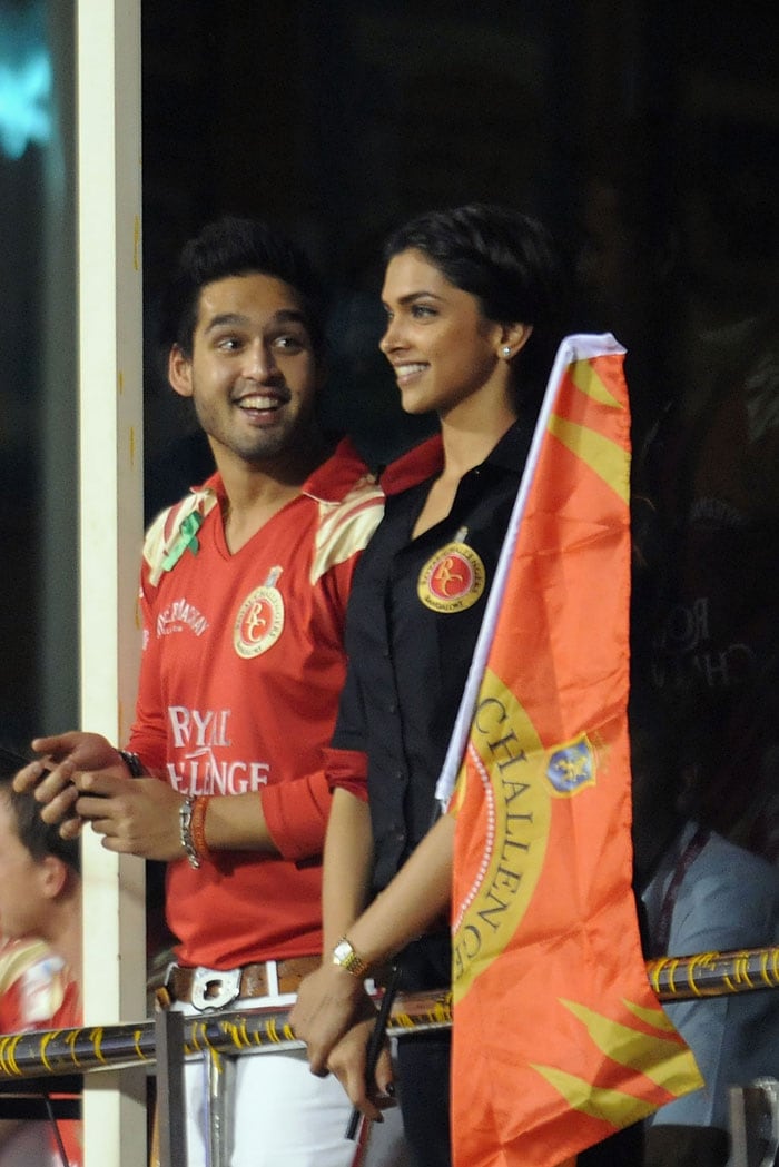 Royal Challengers Banglore's owner Siddharth Mallya with Deepika Padukone during the 2010 DLF Indian Premier League T20 group stage match between Royal Challengers Bangalore and Kolkata Knight Riders played at Chinnaswamy Stadium in Bangalore. (Photo by Yogen Shah-IPL 2010/IPL via Getty Images)