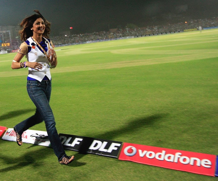 Shilpa Shetty (co-owner of the Rajasthan Royals) during the 2010 DLF Indian Premier League T20 group stage match between Rajasthan Royals and Mumbai Indians played at Sawai Mansingh Stadium on April 11, 2010 in Jaipur, India. (Photo: IPL2010/Getty Images)