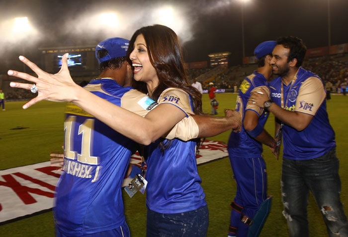 Shilpa Shetty and Raj Kundra of the Rajasthan Royals celebrates after the Rajasthan Royals defeated the Kings XI Punjab after the 2010 DLF Indian Premier League T20 group stage match between Kings XI Punjab and Rajasthan Royals played at the Punjab Cricket Association Stadium on March 24, 2010 in Mohali, India. (Photo: IPL2010/Getty Images)