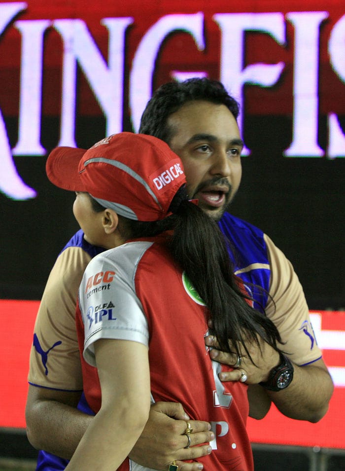 Priety Zinta hugs Raj Kundra after the 2010 DLF Indian Premier League T20 group stage match between Kings XI Punjab and Rajasthan Royals played at the Punjab Cricket Association Stadium. (Photo: IPL2010/Getty Images)