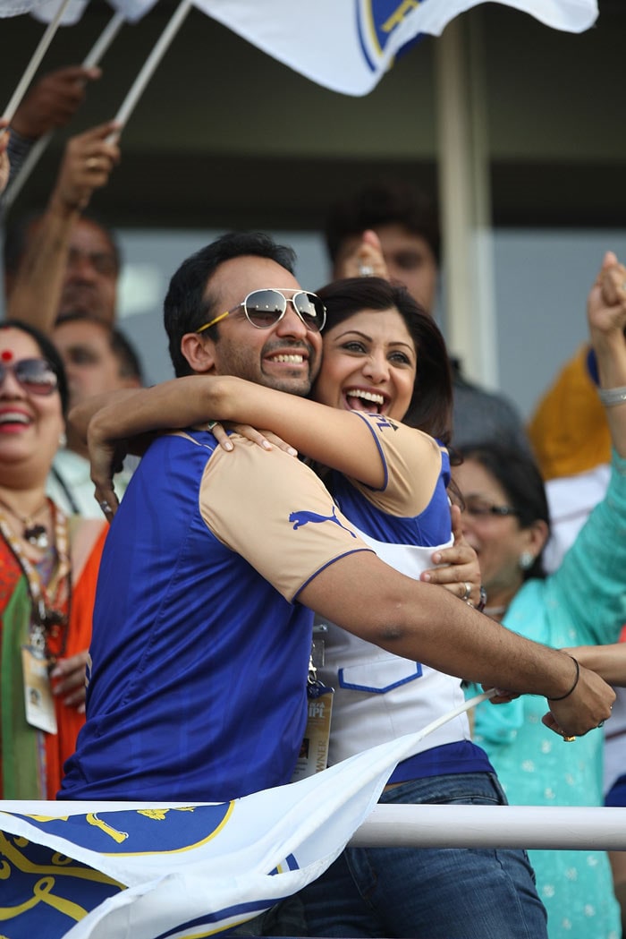 Shilpa Shetty and Raj Kundra, owners of the Rajasthan Royals hug each other during the 2010 DLF Indian Premier League T20 group stage match between Chennai Super Kings and Rajasthan Royals played at Sardar Patel Motera Stadium on March 28, 2010 in Ahmedabad, India. (Photo: IPL2010/Getty Images)