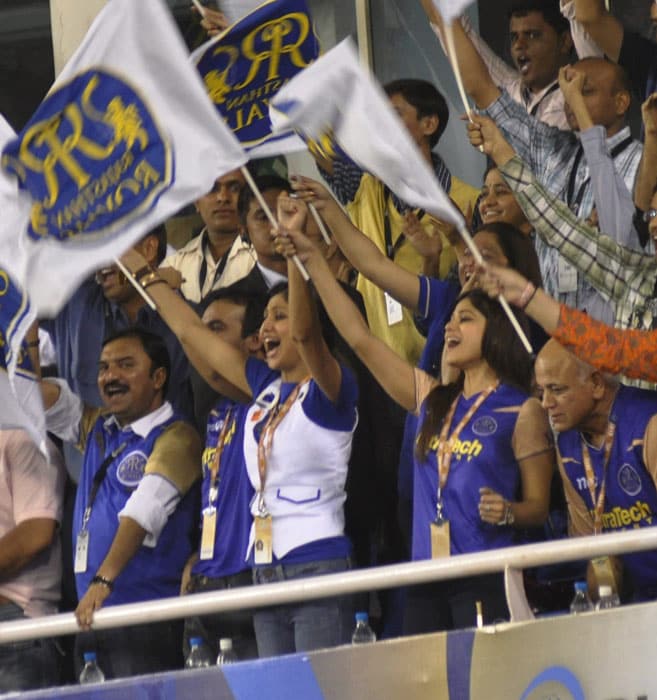 Rajasthan Royals' owners Shilpa Shetty and Raj Kundra cheer for their team during the IPL 3 match against Deccan Chargers at the Sardar Patel Stadium in Ahmedabad. (PTI Photo)