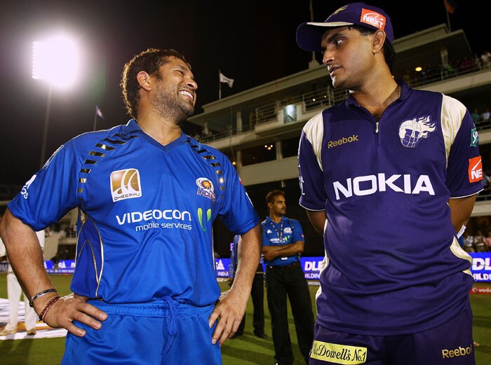 Sachin Tendulkar (L) captain of the Mumbai Indians shares a joke with Sourav Ganguly captain of the Kolkata Knight Riders after the 2010 DLF Indian Premier League T20 group stage match between Mumbai Indians and Kolkata Knight Riders played at Brabourne Stadium on March 22, 2010 in Mumbai, India. (Photo: IPL2010/Getty Images)