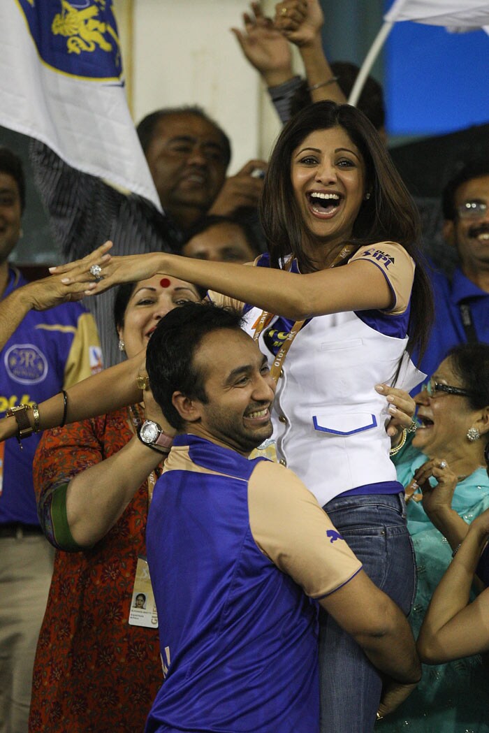 Shilpa Shetty and Raj Kundra, owners of the Rajasthan Royals during the 2010 DLF Indian Premier League T20 group stage match between Chennai Super Kings and Rajasthan Royals played at Sardar Patel Motera Stadium on March 28, 2010 in Ahmedabad, India. (Photo: IPL2010/Getty Images)