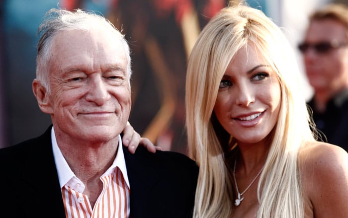 Hugh Hefner, left, and Crystal Harris arrives at the premiere of "Iron Man 2" at the El Capitan Theatre in Los Angeles on Monday, April 26, 2010.