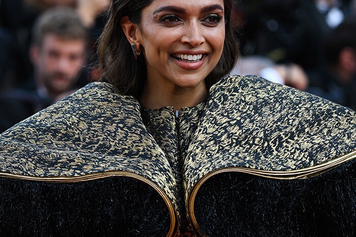 A close up of Deepika Padukone on the Cannes red carpet.