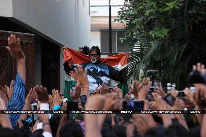 The many victory celebrations of India's win against arch-nemesis Pakistan in their opening World Cup match included this scene at the Bollywood actor Amitabh Bachchan's Mumbai home Jalsa. India scored their sixth straight World Cup win against Pakistan on February 15, thrilling the nation.