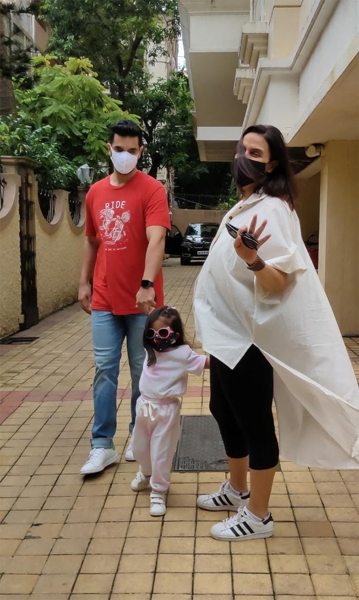 Neha Dhupia was pictured with her husband, actor Angad Bedi, and daughter Mehr in Bandra.