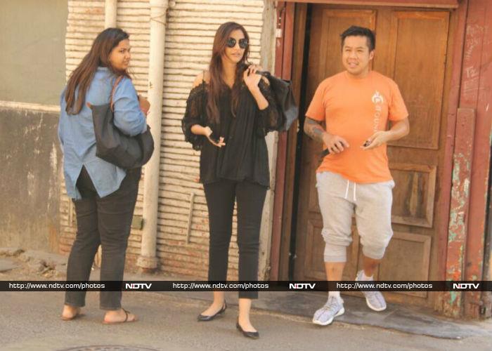 Sonam Kapoor set fashion goals high in black. She was photographed with her friends in Mumbai's Bandra.