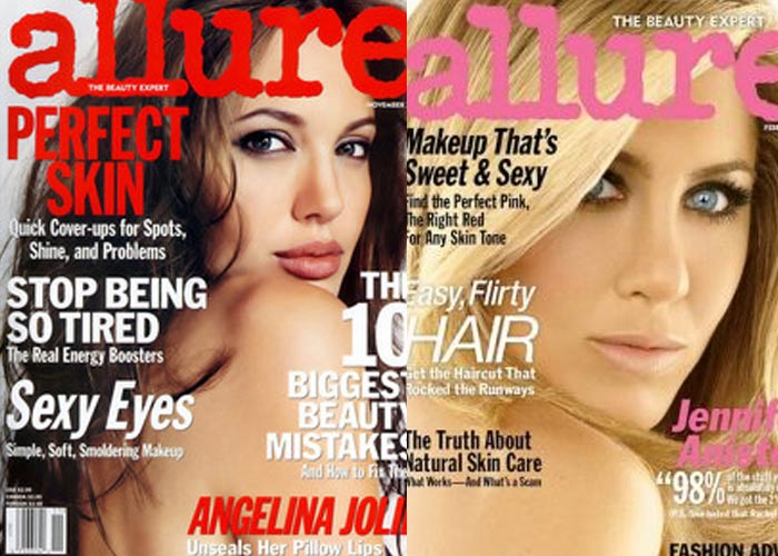 ?Posing identically on magazine covers: And the same magazine, too! The <i>Friends</i> actress' Allure cover in February 2011 was almost identical Angelina's sultry look in November 2004. Even their hair and makeup looks similar.