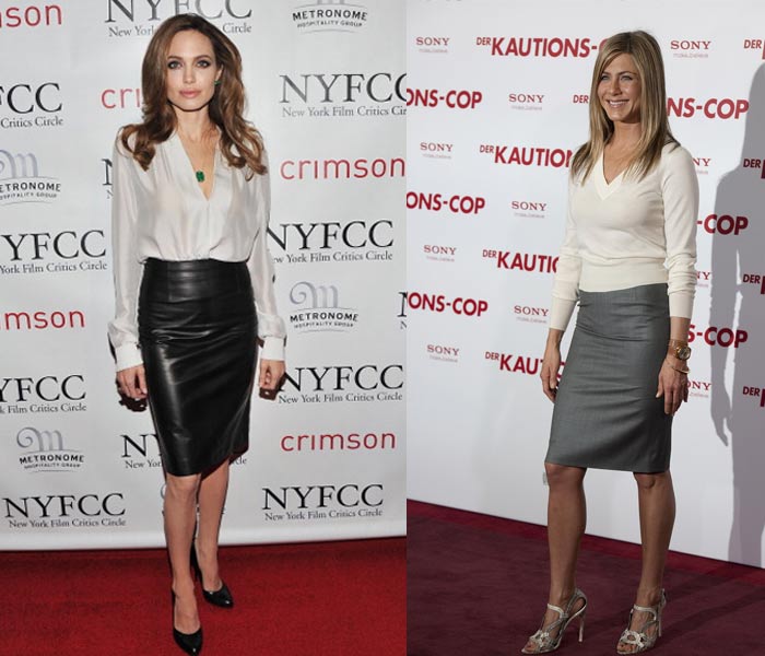 ?.Pencil skirts with white blouses: Both ladies are famed for their sophisticated style so it's no surprise that they own pencil skirts. Angelina's was black leather by Ferragamo worn with a white silk shirt at the New York Film Critics Circle awards in 2012.  But Jen was there before her in grey and white while promoting <i>The Bounty Hunter</i> in 2010.