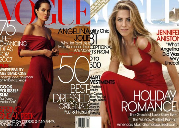 ?Posing on Vogue covers in red dresses: Angie was red hot on the cover of style bible Vogue in January 2007, so Jen wasn't far behind. There she was, on the January 2008 cover. Don't miss the eyepopping cleavage display from both ladies.