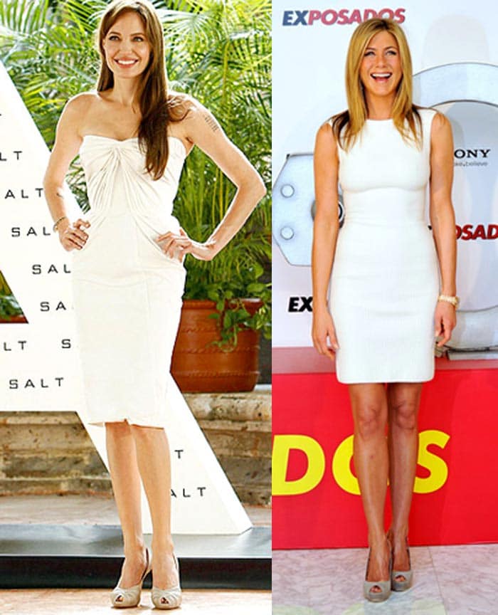 ?White dresses: Their shared love of monochrome has led them to wear bodycon, knee length white sheath dresses with identical nude peep toes and loose, flowing hair. This time, Jen got in first while promoting <i>The Bounty Hunter</i> in March 2010, while Angie wore her Atelier Versace dress at a press conference for <i>Salt</i> in July 2010.