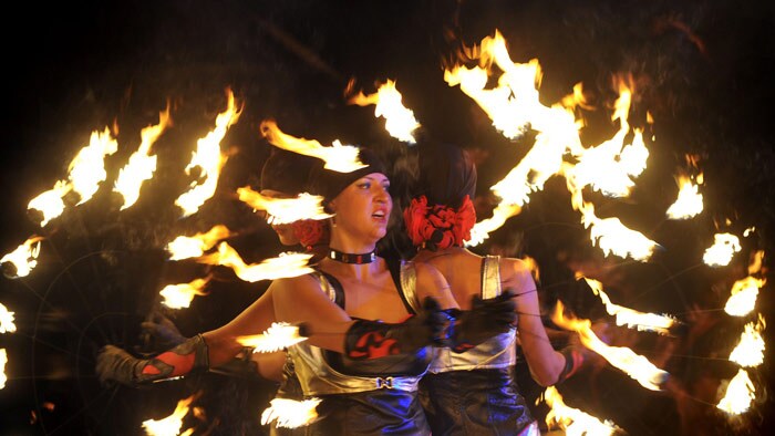 Artists perform during the International Fire Fest in Kiev late on June 12, 2010. Artists from Germany, Finland, Hungary, Israel, Russia, Lithuania, Sweden, Ukraine and others took part in the annual fire performance. (Photo: AFP)