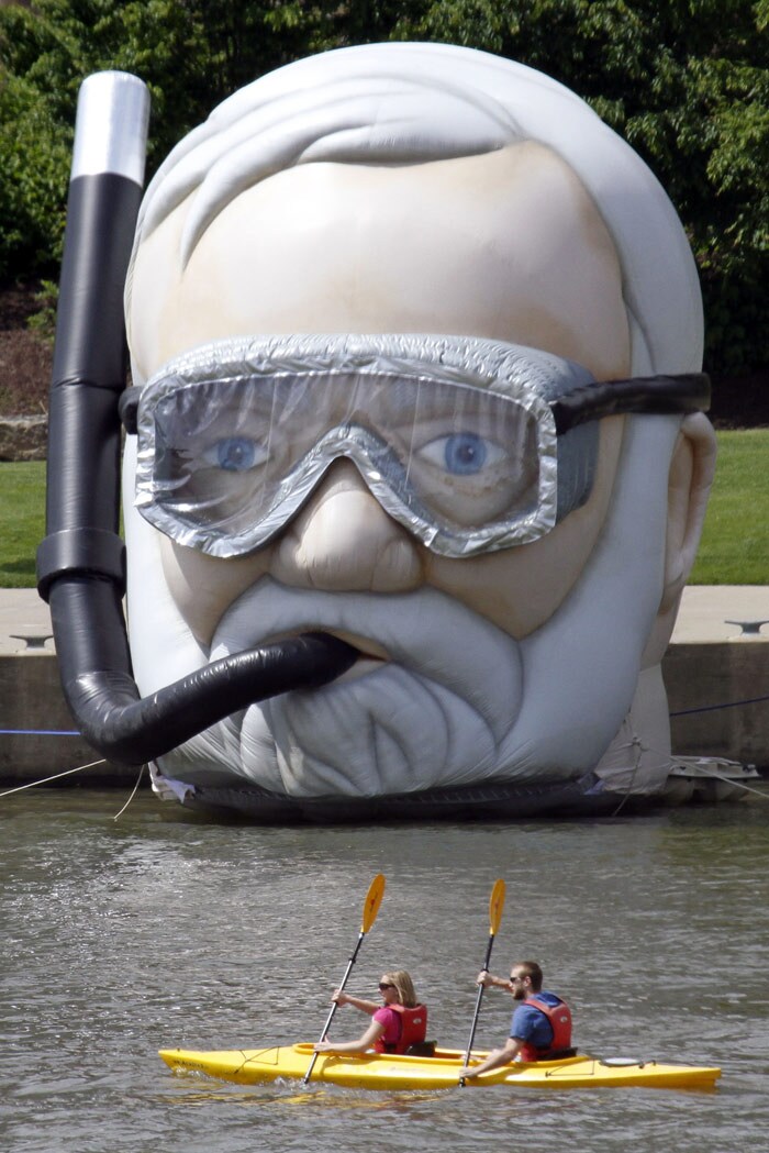 A giant likeness of Andrew Carnegie sits on the Allegheny River as part of the annual Arts Festival that is underway throughout downtown Pittsburgh, on Tuesday, June 8, 2010. (Photo: AP)