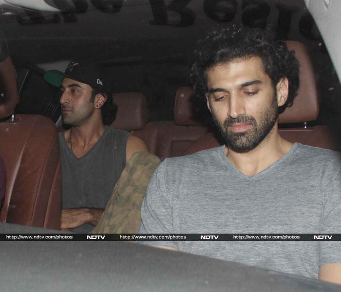 <i> Yeh Jawaani Hai Deewani</i> co-stars Ranbir Kapoor and Aditya Roy Kapur were spotted outside filmmaker Karan Johar's residence in Mumbai on Tuesday night.