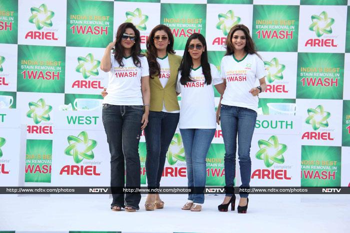 A popular detergent brand is all set to make a world record and four lovely ladies were seen supporting the initiative ? Rituparna Sengupta, Raveena Tandon, Sakshi Tanwar and Madhoo.