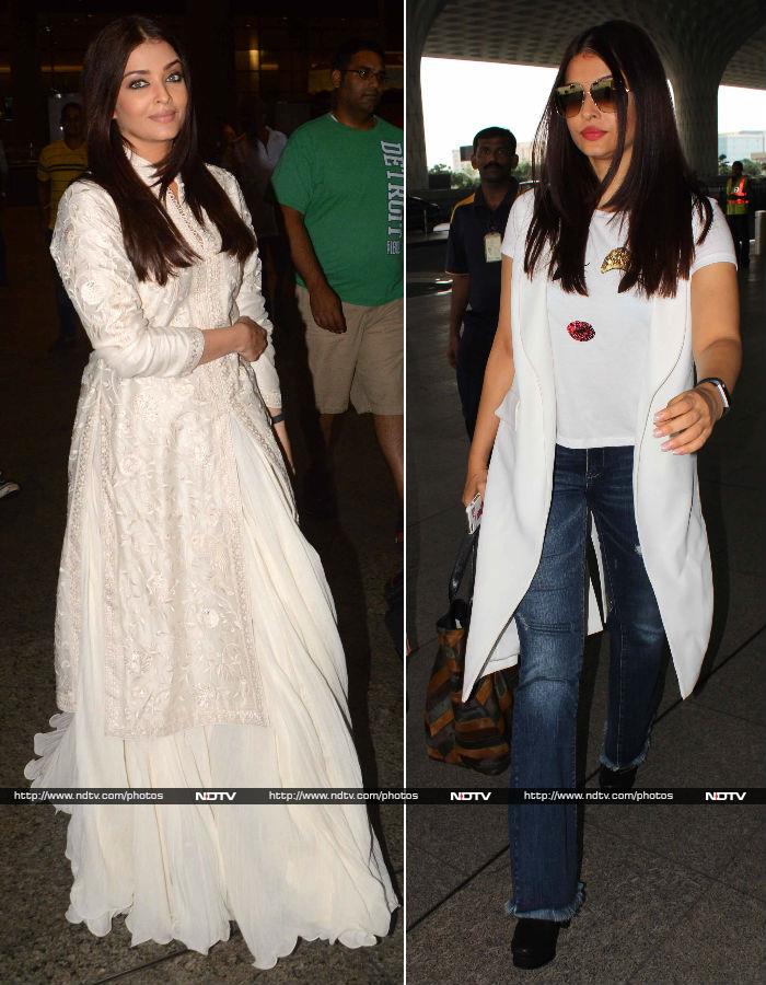 Actress Aishwarya Rai Bachchan gave us two pretty looks at the airport over the weekend. Aishwraya left for Delhi (R) dressed in a white top with boot-cut denims and throwover. She (L) returned dressed in Rohit Bal couture, which she also wore at the event.