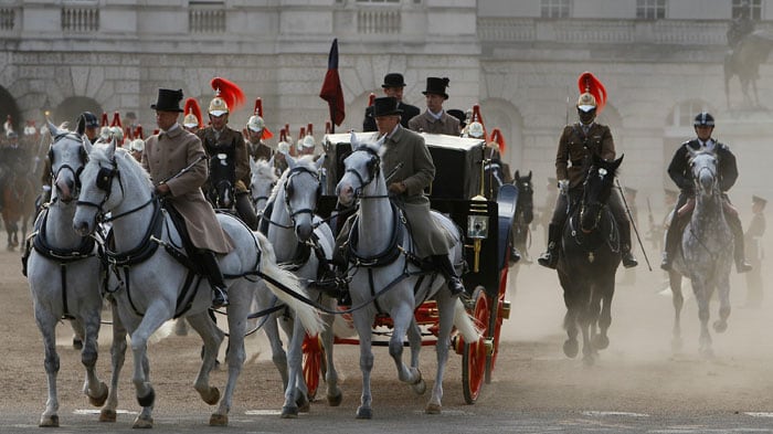 Before dawn, horse-drawn carriages, mounted cavalry and limousines including the Rolls-Royce that will ferry Kate to the historic abbey were also involved in a dry run in the deserted streets of London. (Photo: AP)