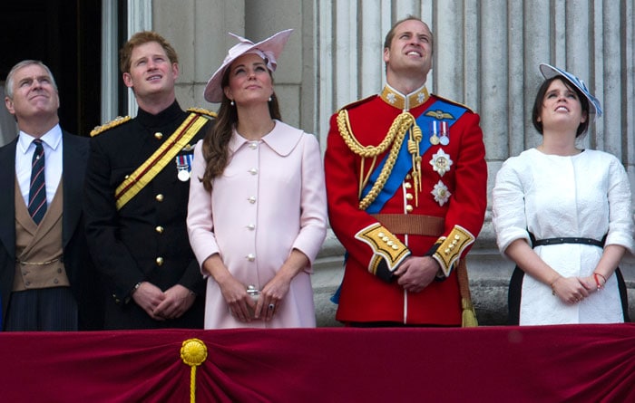 Royal mommy-to-be Kate Middleton made her last public outing at Queen Elizabeth's official birthday celebration on June 15. The royal baby is expected to arrive in July. And if the baby pink Alexander McQueen coatdress she wore with a matching hat was a not-so-secret clue to the gender of the royal heir, Kate couldn't have made it clearer! Here, the Duchess of Cambridge, as she is known officially, is pictured with fellow royals Prince Andrew, brother-in-law Prince Harry, husband Prince William and Princess Eugenie of York, the younger daughter of Prince Andrew and Sarah Ferguson.