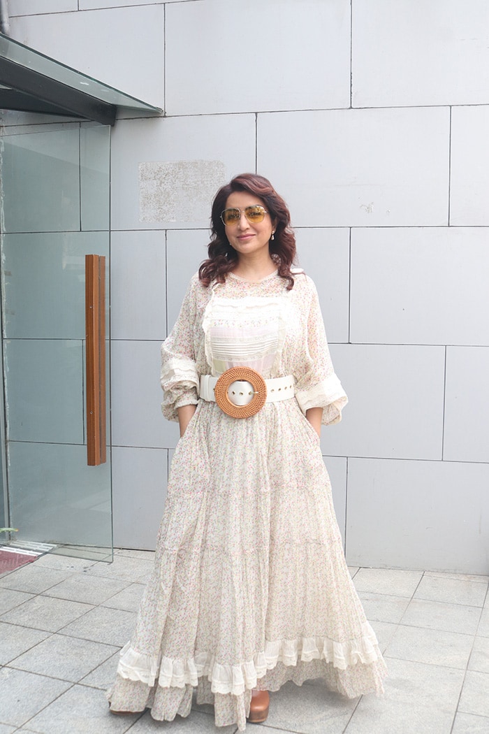 Tisca Chopra was dressed in a white gown for her day out in Bandra.