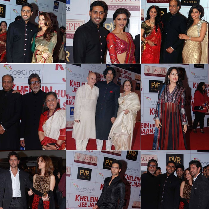 A host of stars including Ash, Abhi, Big B, Jaya Bachchan, Deepika Padukone, her friend Sidhartha Mallya and Priyanka Chopra were seen at the premiere of <i>Khelein Hum Jee Jaan Sey</i>.