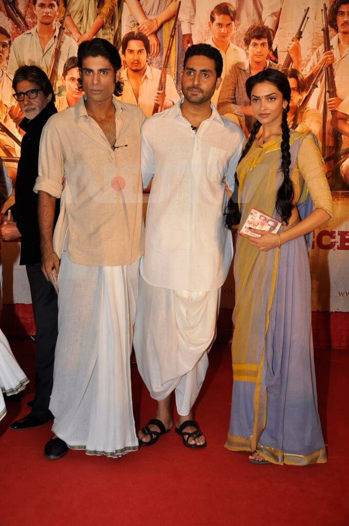 Co-stars Deepika and Abhishek pose with Sikander Kher, son of Anupam and Kirron Kher.