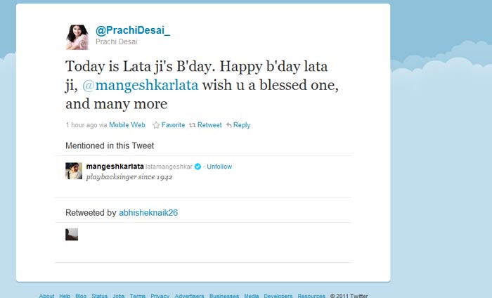 <b>Prachi Desai</b>: Today is Lata ji's B'day. Happy b'day Lata ji, @mangeshkarlata wish u a blessed one, and many more.