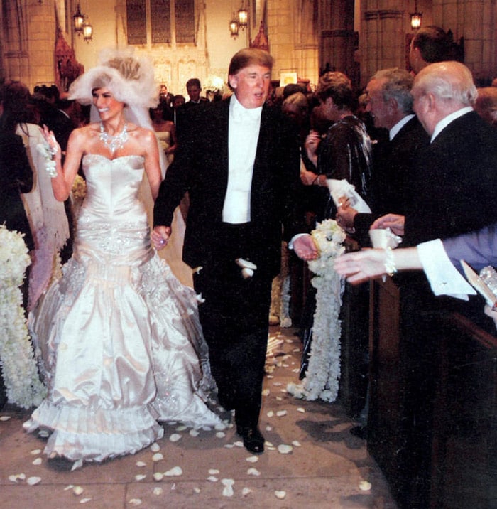 <B>Donald Trump</B>: The real estate mogul married model Melania Knauss in January 2005. Melania wore a strapless Christian Dior gown made from 300 feet of satin which had 1,500 crystals, and had a 13-foot train weighing an estimated 50 pounds. The reception was attended by Rudy Giuliani, Barbara Walters and Regis Philbin to name a a few.