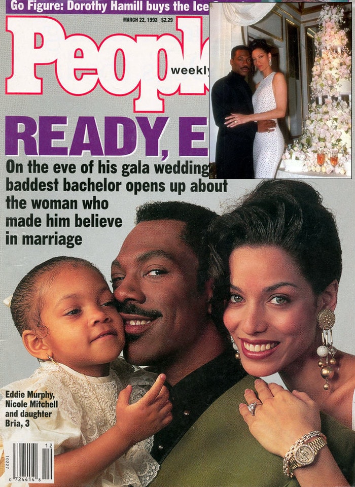 <B>Eddie Murphy</B>: Eddie Murphy wed model Nicole Mitchell in 1993 at New York's Plaza Hotel. The guest list included Bruce Willis, Demi Moore and Prince. The Plaza's Grand Ballroom was decorated with with flowers for the ceremony. Nicole wore an off-shoulder white gown which had a 12-foot-long train.