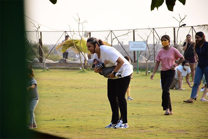 Neha Dhupia was spotted with her daughter Mehr and son Guriq in Bandra.