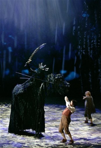 James Loye as Frodo, centre, Peter Howe as Sam, right, and David Grant as a Black Rider perform in a scene set in The Old Forest from the theatre show Lord of the Rings.