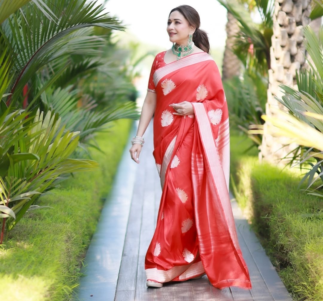 रिच कलर वाली ऐसी साड़&zwj;ियां एथनिक फंक्शन्स के लिए परफेक्&zwj;ट हैं.   madhuridixitnene/Instagram