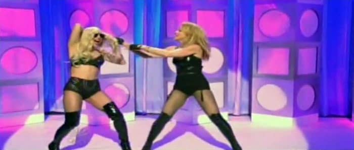 The two women performed a synchronised dance-off, dressed in matching black lingerie and knee-high boots, as part of a comedy skit, which was called to a halt when Madonna started pulling GaGa's wig and throttling her, yelling, "What the hell is a disco stick?" referring to the younger star's hit.