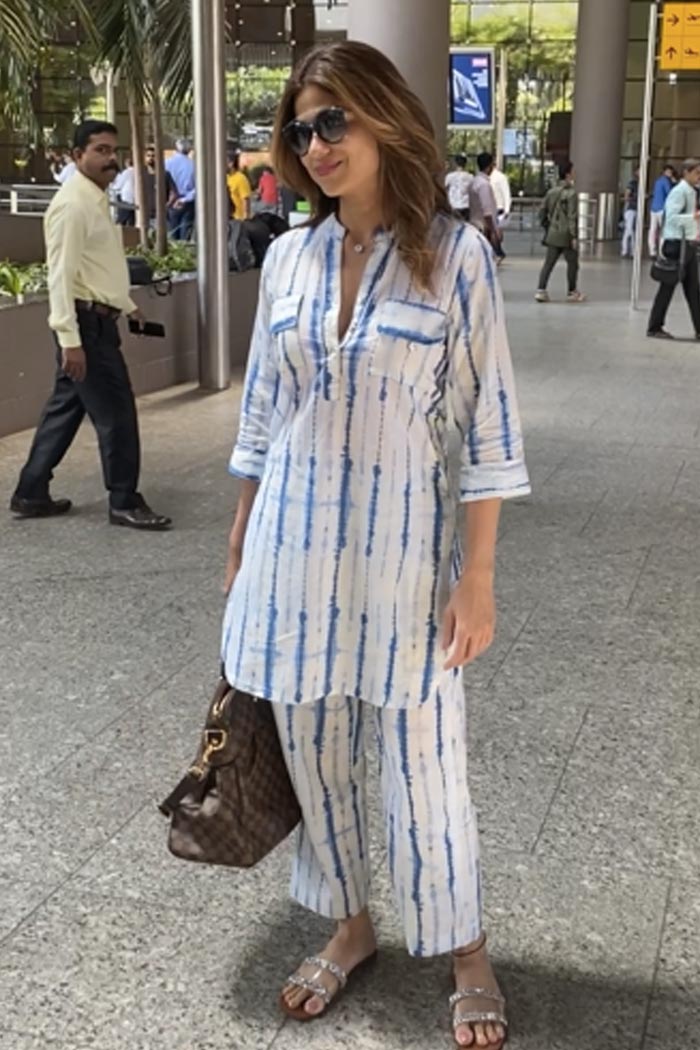 Shamita Shetty posed for shutterbugs at the airport.