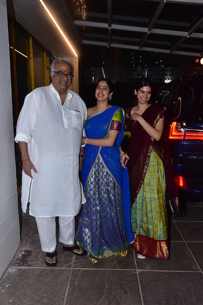 Anil Kapoor's brother and filmmaker Boney Kapoor was pictured with daughter Janhvi and Khushi after Diwali Puja.