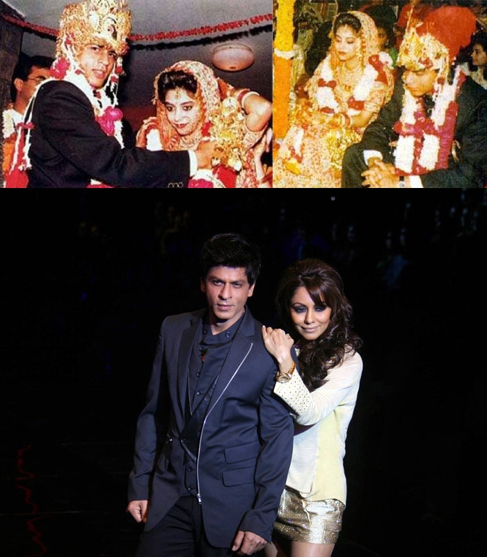 Bollywood's King Khan has been married to Gauri Khan for the past 18 years.  
After the death of his parents, SRK moved to Mumbai in 1991. In that same year, before any of his films were released, he married Gauri Chibber (a Hindu) in a traditional Hindu wedding ceremony on 25 October 1991. They have two children, son Aryan (b 1997) and daughter Suhana (2000). According to Shah Rukh, while he strongly believes in Allah, he also values his wife's religion. At home, his children follow both religions, with the Qur'an being situated next to the Hindu gods.(Text: Wikepedia)