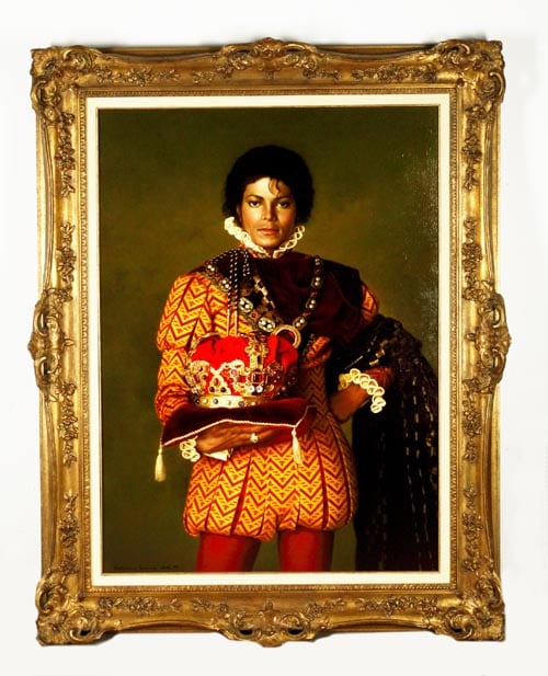 This undated photo released by Julien's Auctions shows an oil on canvas portrait of Michael Jackson dressed as king, signed and dated 1995 by Norman Oak housed in an elaborate gold frame. The picture will be auctioned on the Auction Network on April 22- 25.