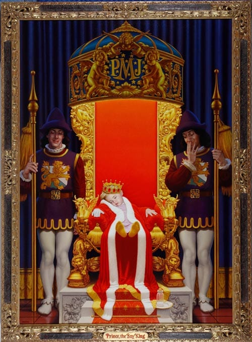 <I>Prince, The Boy King</i>, oil on linen, depicting a sleeping Prince Michael on a throne with attendants, signed lower left.