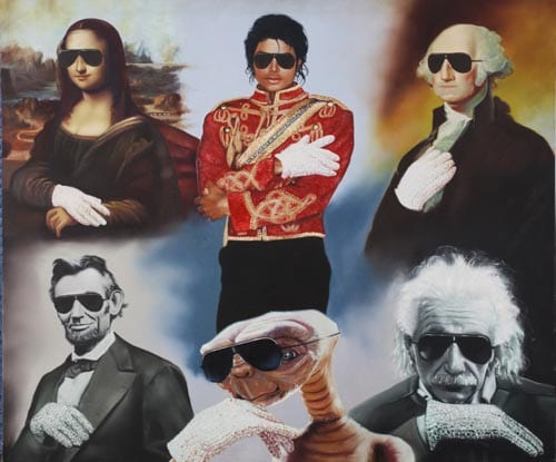 An original painting on stretched canvas featuring popular culture and historic figures all wearing Jackson's icnoic sunglasses and gloves. The item is among many owned by Michael Jackson which will be showcased in a public exhibition of the items being held at The Beverly Hilton in Beverly Hills from April 14- 21.