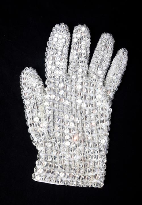 Michael Jackson's custom designed white spandex, right-hand glove completely covered in clear Swarovski crystal loch rosen crystals.