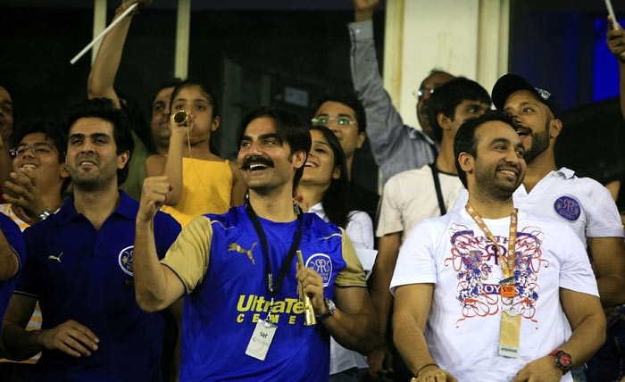 Harman Baweja, Arbaaz Khan and Raj Kundra during the 2010 DLF Indian Premier League T20 group stage match between the Rajasthan Royals and the Delhi Daredevils played at The Sawai Mansingh Stadium in Ahmedabad.  (Photo: IPL2010/Getty Images)