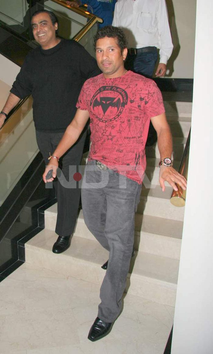 Sachin Tendulkar and Mukesh Ambani arrive at the IPL Nights after party.