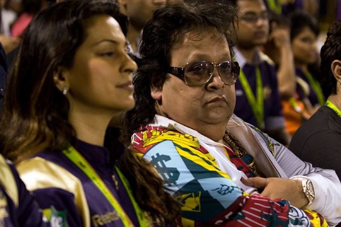 Juhi Chawla, co-owner of Kolkata Knight Riders with Music Director, Bappi Lahiri during the 2010 DLF Indian Premier League T20 group stage match between Kolkata Knight Riders and Chennai Super Kings played at played at Eden Gardens in Kolkata.  (Photo: IPL2010/Getty Images)