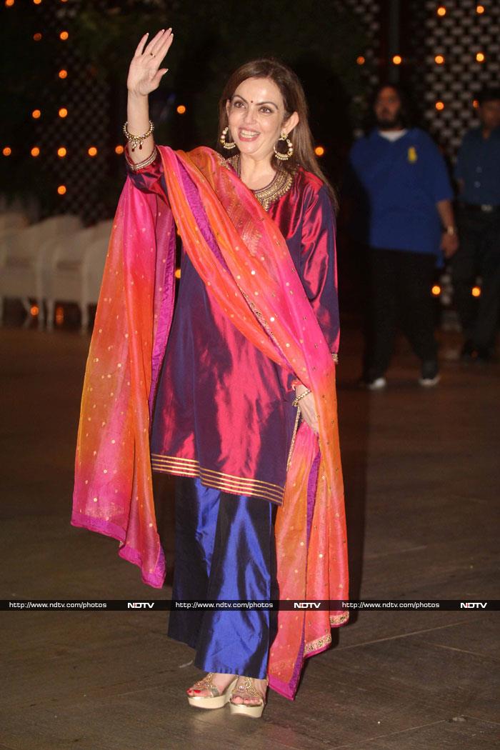 Nita Ambani, who co-owns the Mumbai Indians with her husband Mukesh, looked festive in colourful embellished silk.