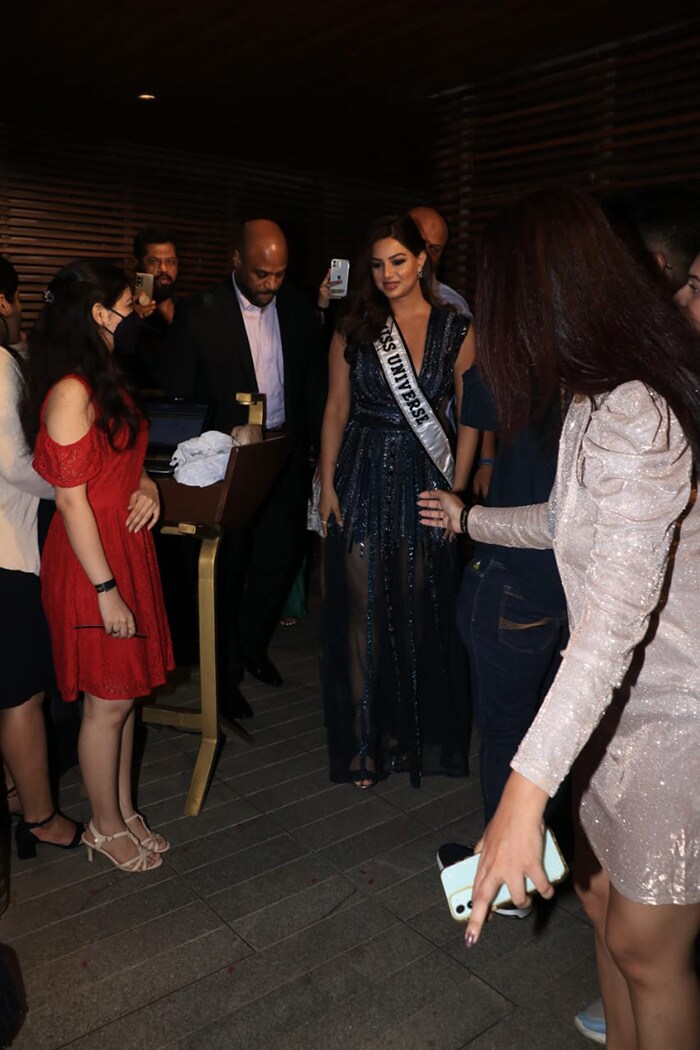 Miss Universe 2021 Harnaaz Kaur Sandhu arrived at her success party held at Estella, Juhu, Mumbai.